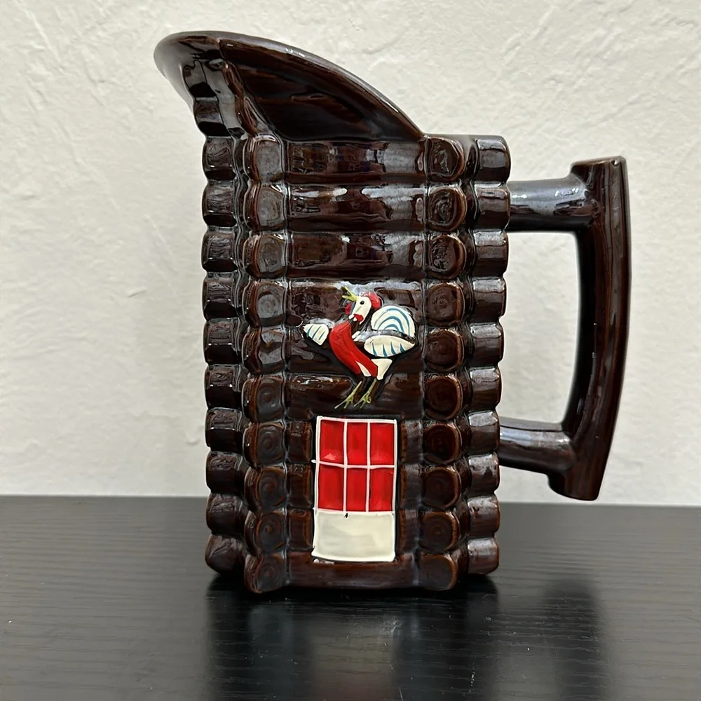 Brown Luster Ceramic Log Cabin Vintage Pitcher